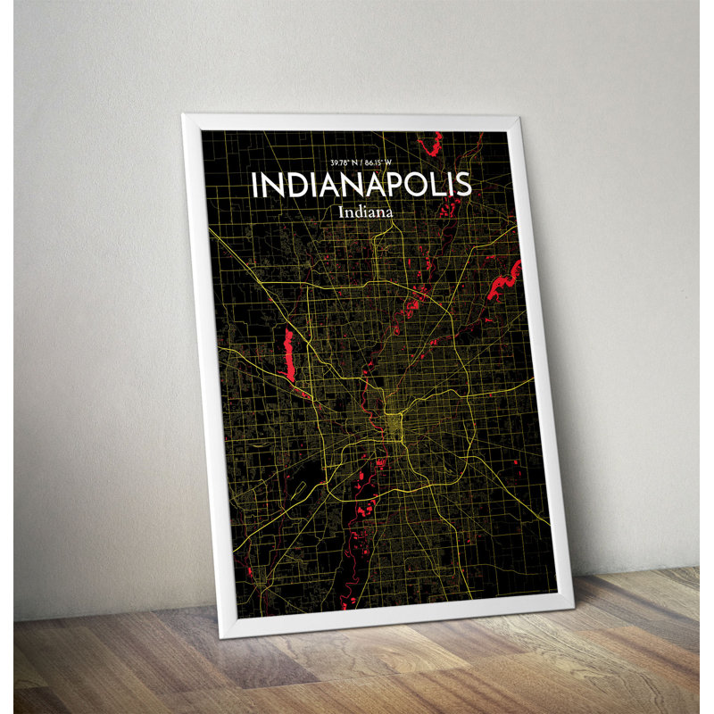 «Indianapolis City Map», reproduction d'impression sur affiche en noir, H 17 po x l 11 po