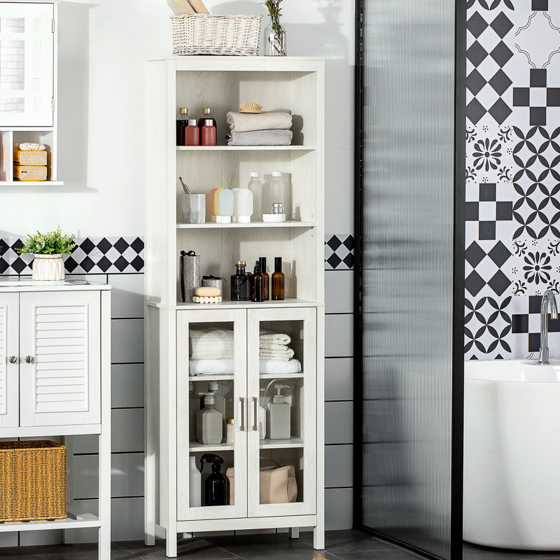 Armoire de salle de bain haute avec porte vitrée, tablette à 3 niveaux, tour de lin autoportante, tablettes réglables, blanc antique, tour compacte autoportante, armoire, tablette de rangement fonctionnelle