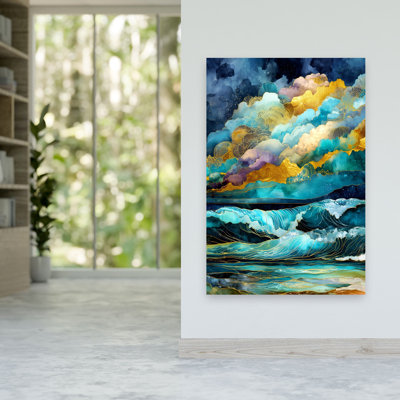 Nuage doré, vagues bleues, paysage éthéré abstrait, art mural
