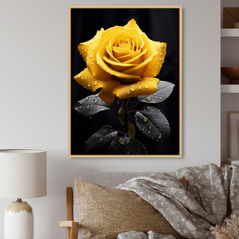 Danail, jaune, noir, rose, élégance III - fleurs, art mural, H 32 po x l 16 po x P 1 po, Cadre flottant érable