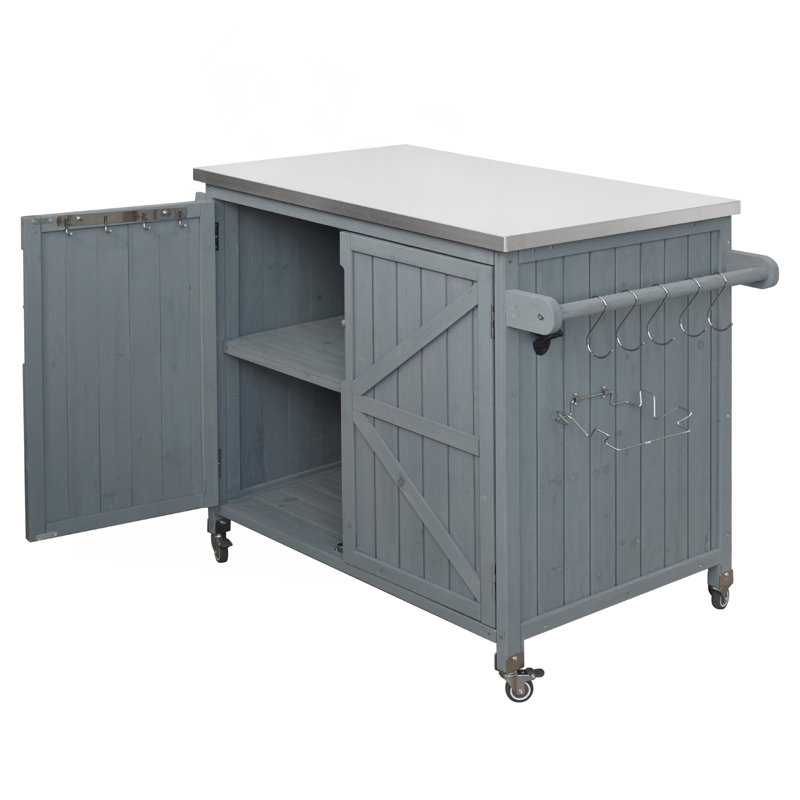 42.1" Outdoor Kitchen Island with Stainless Steel Top, Storage Cabinet & Locking Wheels, Grey+Blue