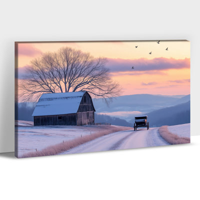 Grande Abiel - Grange d'hiver et calèche scène d'hiver, affiche de vacances, décoration de Noël rétro pour ferme, salon, chambre à coucher, œuvre d'art murale prête à être suspendue, 32 po x 48 po