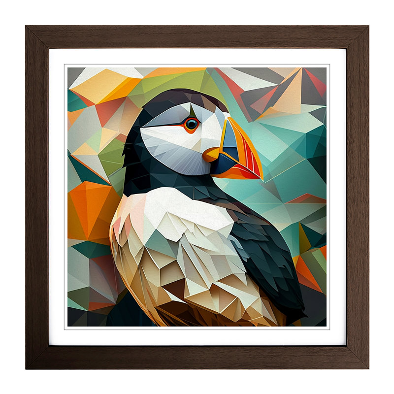 Puffin Cubism - Single Picture Frame Print on Wood, Walnut