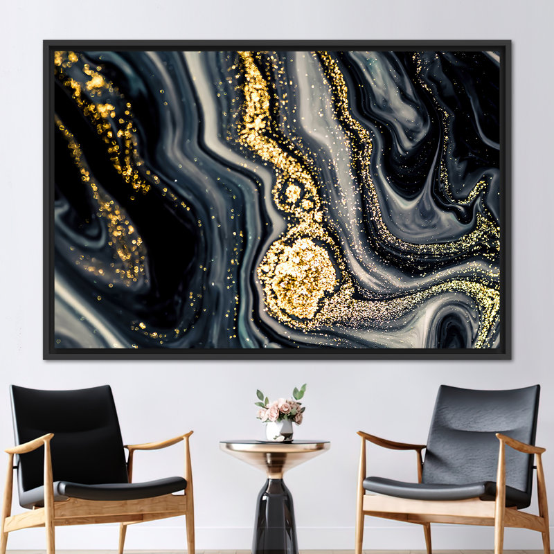 Modern Marble Abstract Canvas Art - Luxury Shimmering Contemporary Wall Decor, Framed Print without Mat, Black