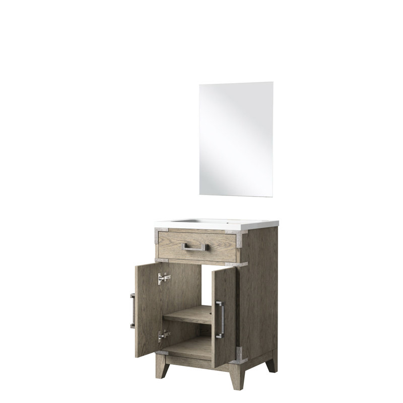 Meuble-lavabo simple en chêne gris avec comptoir en acrylique et miroir de 45,7 cm (18 po) – Nombreux rangements – Profondeur de 44,4 cm (17,49 po) – Double joint d’étanchéité et protection supplémentaire
