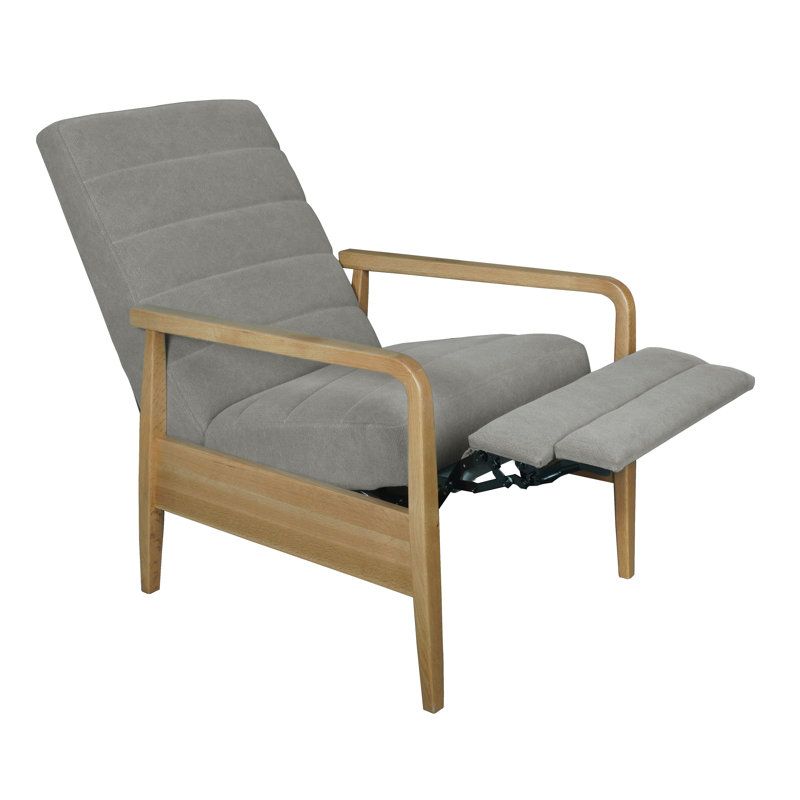 Modern Push-back Recliner Chair, Solid Wood, Upholstered Armchair, Gray