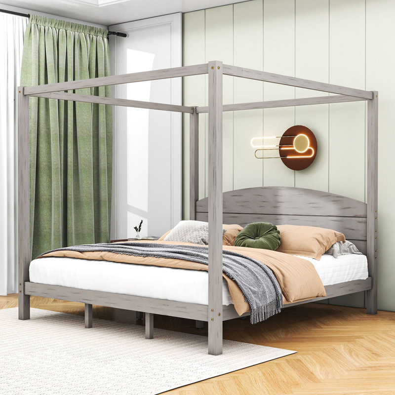 King Wood Canopy Platform Bed with Headboard, Gray Wash