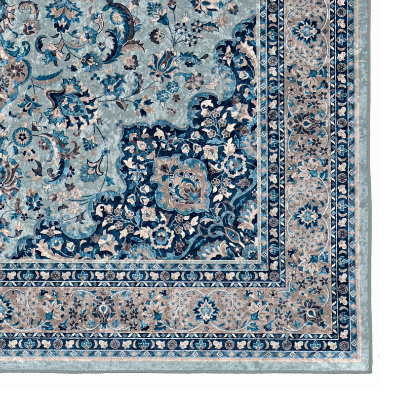 Emanuel Traditional Machine Woven Flatweave Light Blue and Blue Area Rug with Non Skid Backing , Rectangle 6'7" x 9'7"