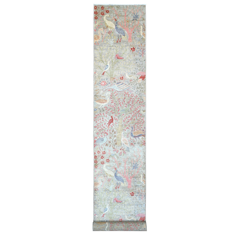 Tapis oriental 3 pi x 19 pi 5 po gris, motif Peshawar afghan avec des oiseaux de paradis, teinture végétale, laine douce nouée à la main, tapis XL