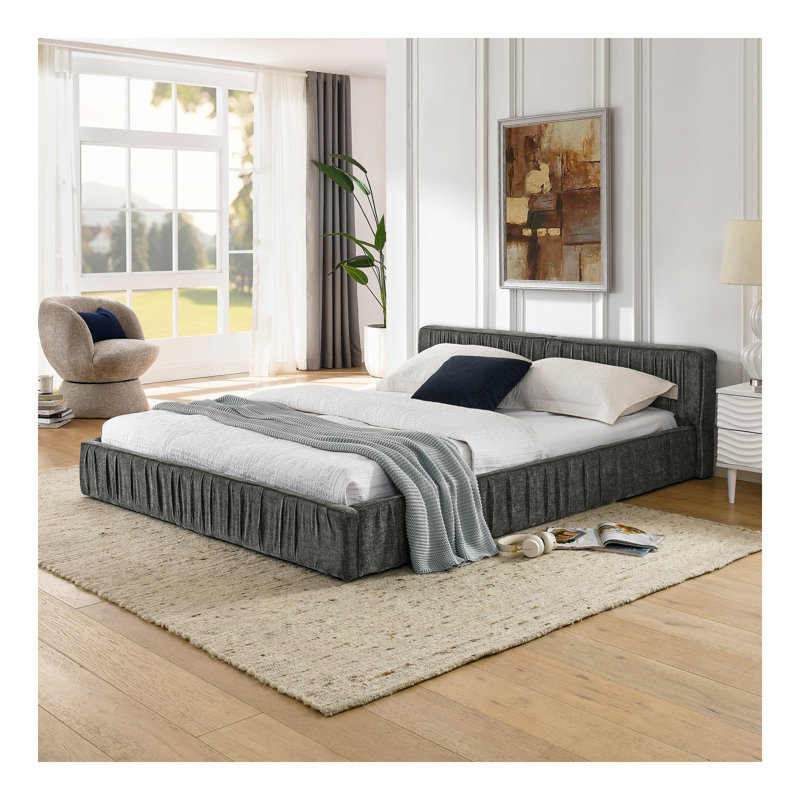 Queen Size Upholstered Bed Frame With Chenille Fabric With Pleated Design,Grounded Queen Size Platform Bed With Headboard And Frame. No Box Spring Needed-Grey
