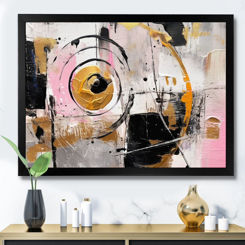 Art mural rose et blanc symétrique rencontre le cubisme, H 30 po x l 40 po x P 1,5 po, Cadre photo noir