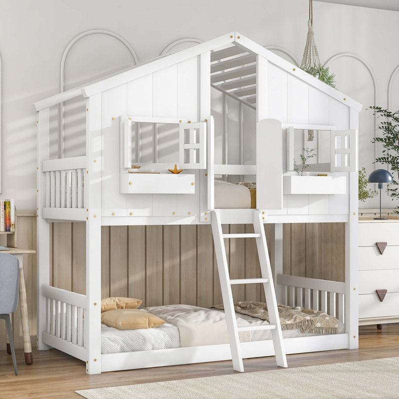 Twin over Twin House Bunk Bed with Roof , with Safety Guardrails and Ladder,White