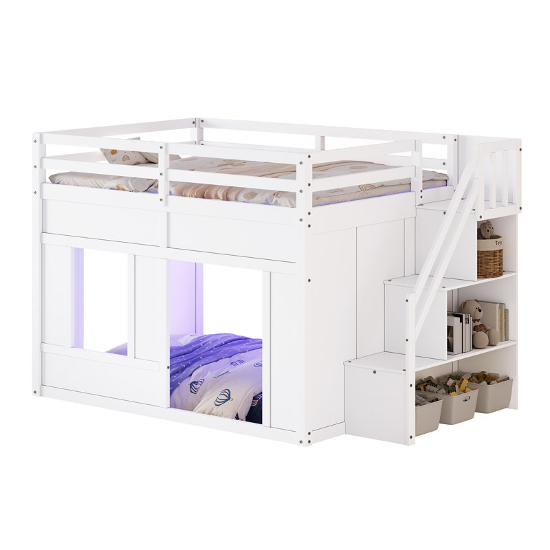 Lit mezzanine double avec escalier de rangement et lumières DEL intégrées, blanc, Lit double, Blanc