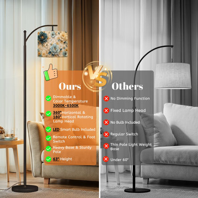 Arc Floor Lamp with Adjustable Lampshade Elegant Floral Teal Gold Tones White Standing Lamp 3 Color Temperatures Dimmable Tall Pole Lamp with Foot Switch for Bedroom