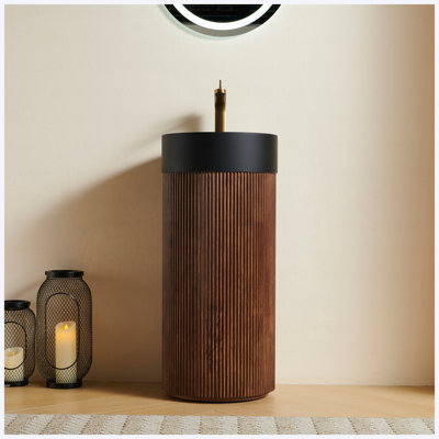 Meuble-lavabo autoportant 16 po à cuve cylindrique autoportante 16 po, meuble grain de bois noyer avec cuve à surface solide ronde noire (trou de robinet pré-percé), sans ensemble de bonde inclus