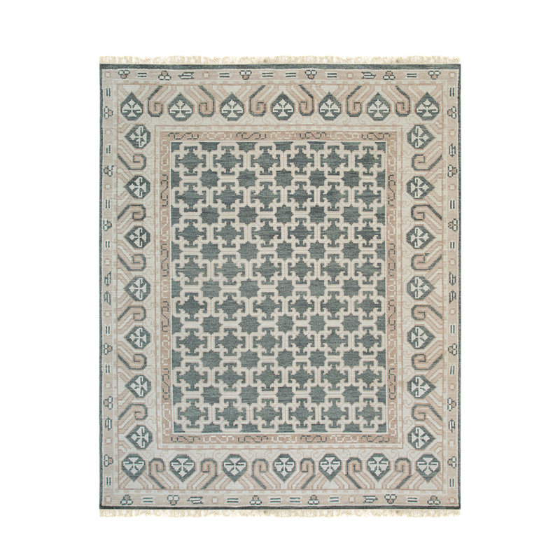Tapis traditionnel luxueux en laine noué à la main de style oriental vert, Rectangle 6 pi x 9 pi