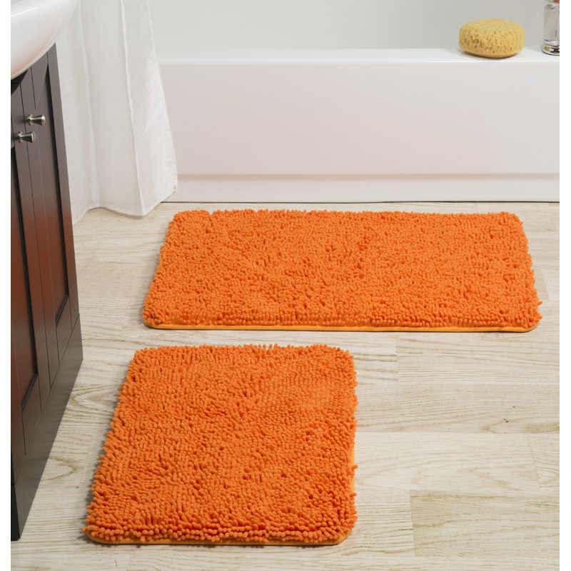 2PC Chenille Bath Mat Set - Memory Foam Bathroom Set with Chenille Top and Non-Slip Base, Orange