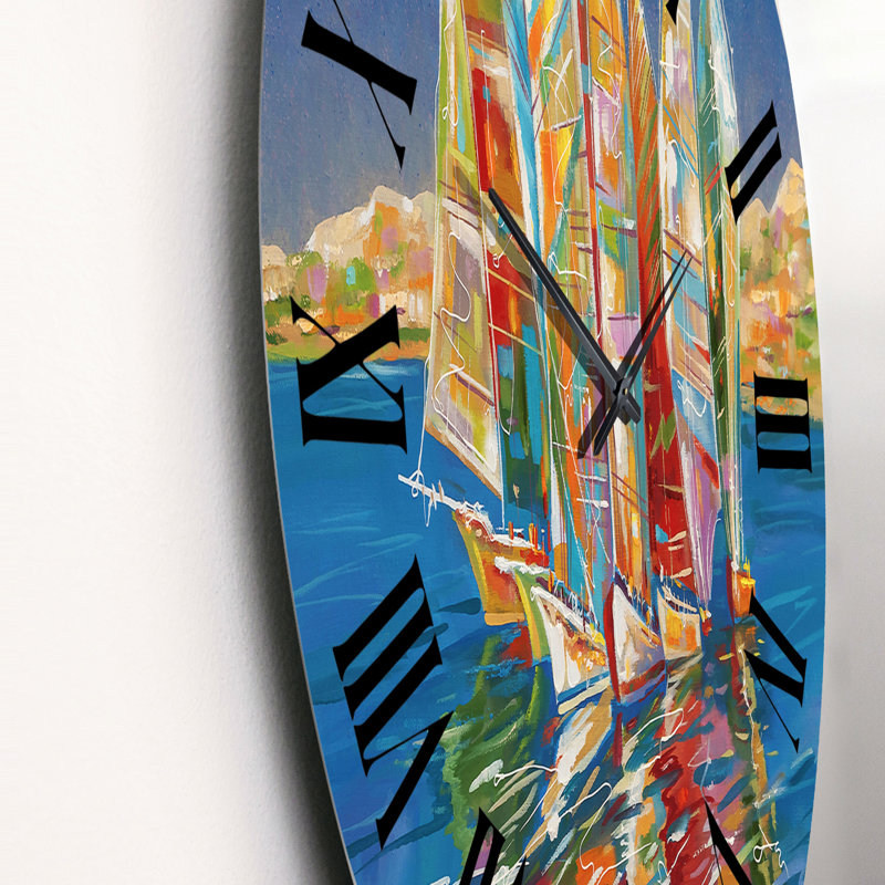 Voilier coloré sur fond bleu - horloge murale nautique et côtière, Moyen