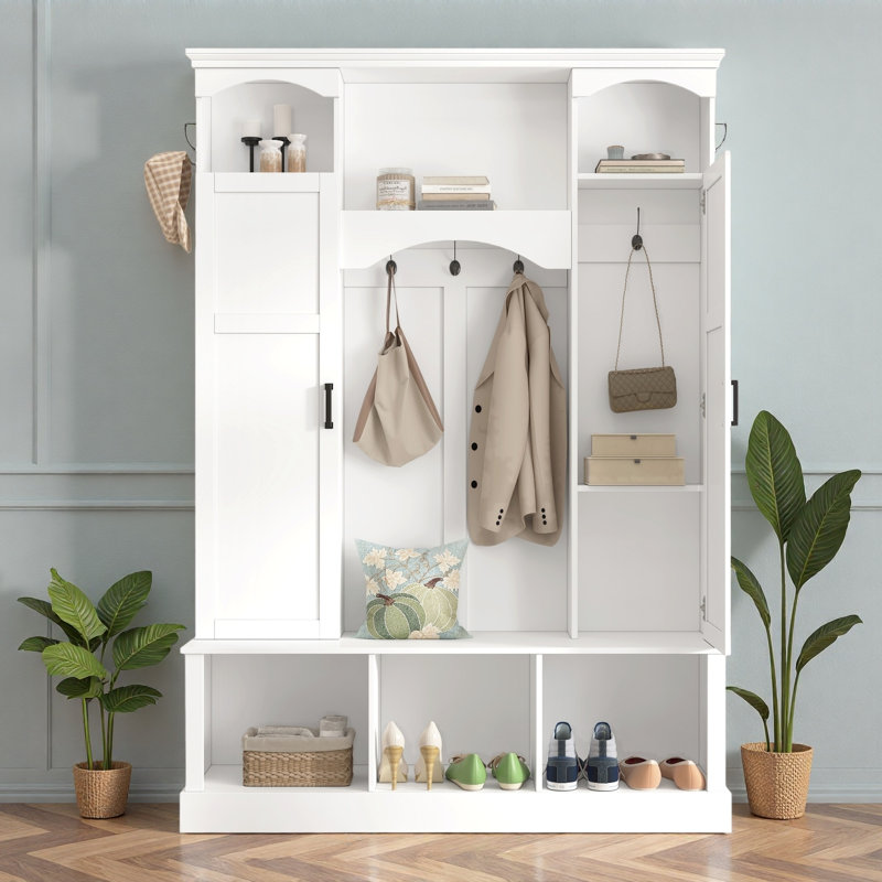 Modern Hall Tree With Adjustable Shelves, Side Cabinets, Top Compartments And Hooks, White