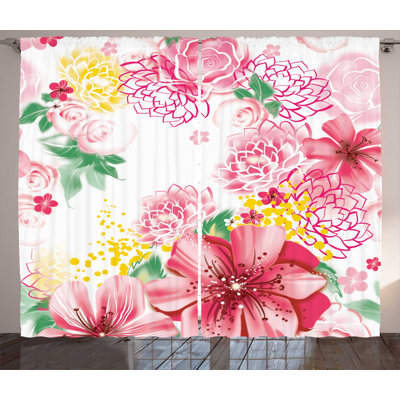 Farm Supply Exotic Peony Flowers and Leaves 2 Piece Floral Semi-Sheer Curtain Panel Set