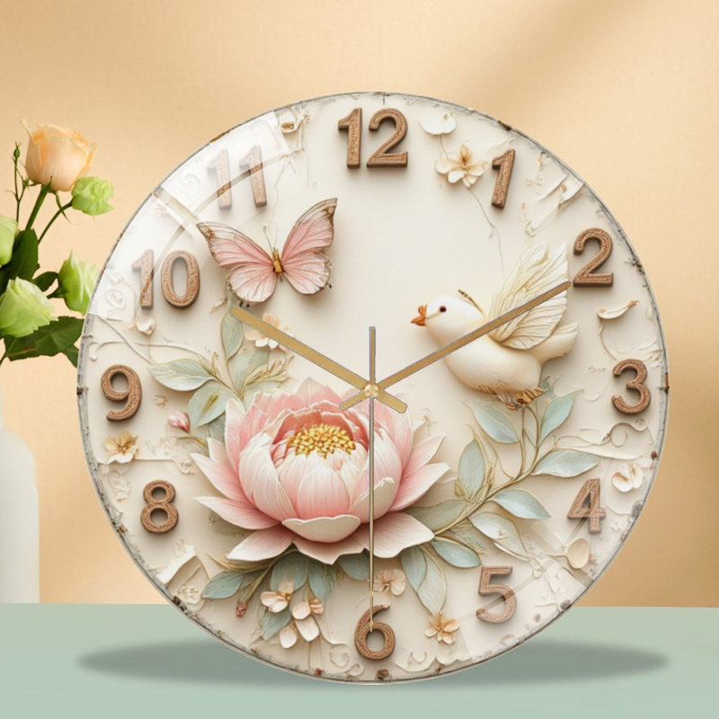 Horloge florale avec oiseau et papillon - horloge murale moderne en verre 12 po