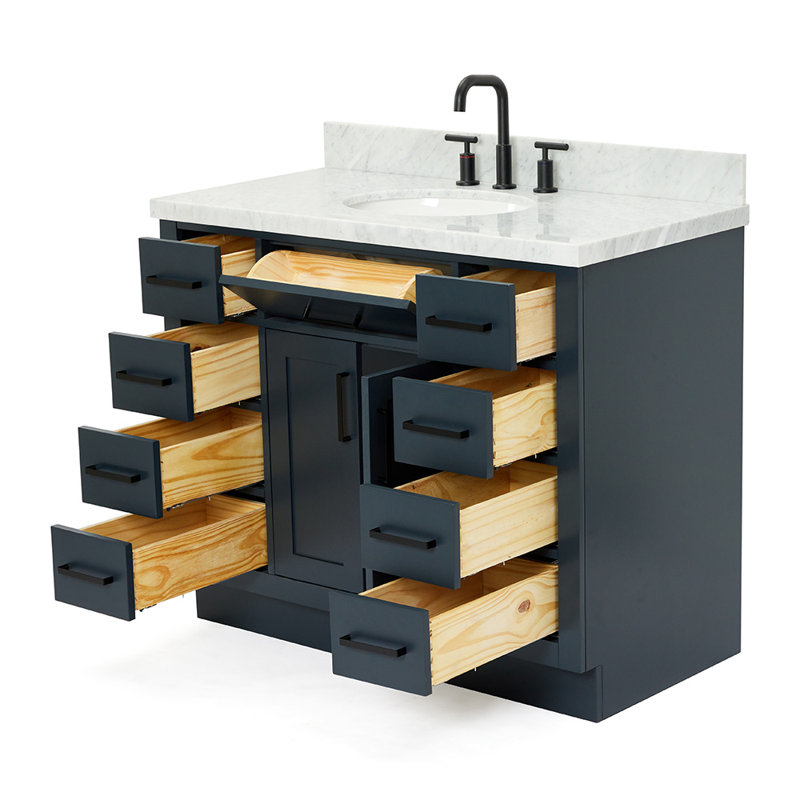 Thornaby 42'' Solid Wood Single Bathroom Vanity with 1.5'' Carrara Marble Top, Midnight Blue / Satin Brass, Oval