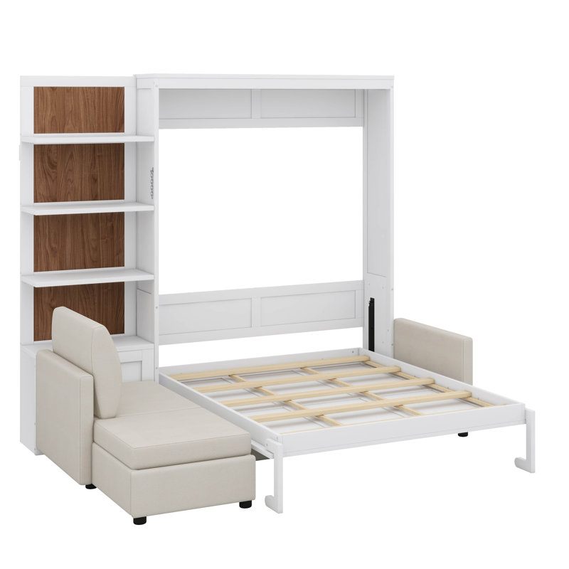 Grand lit mural polyvalent peu encombrant avec étagère intégrée et canapé intégré, Blanc