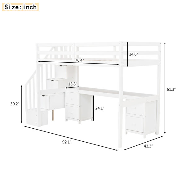 Latitude Run® Twin Size Loft Bed In Grey With Desk And Double Storage ...