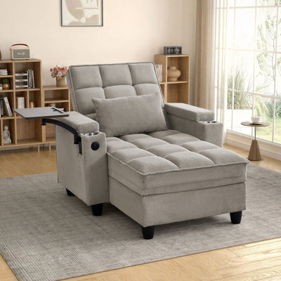Convertible Chaise Lounge Chair Single Sleeper with USB&Type-C, 2 Cup Holders, Side Table, Under-seat Storage&Storage Armrests
