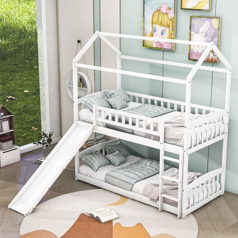 Lacrescenta Twin Over Twin Standard Bunk Bed with Slide, White