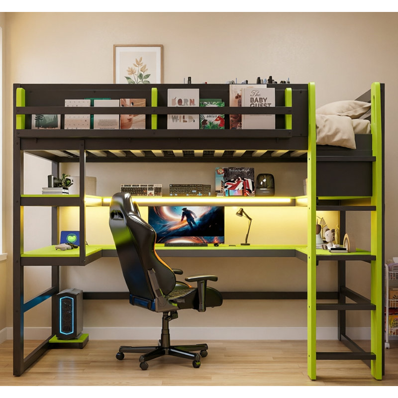 Lit mezzanine simple en bois avec bureau, support de rangement latéral, tablettes à plusieurs rangements et lumière RVB pour jouer et étudier