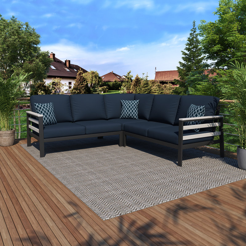 Townsend Outdoor 5 Person Sectional Seating Group With Sunbrella Cushions, Canvas Navy Sunbrella® Canvas, Geometric