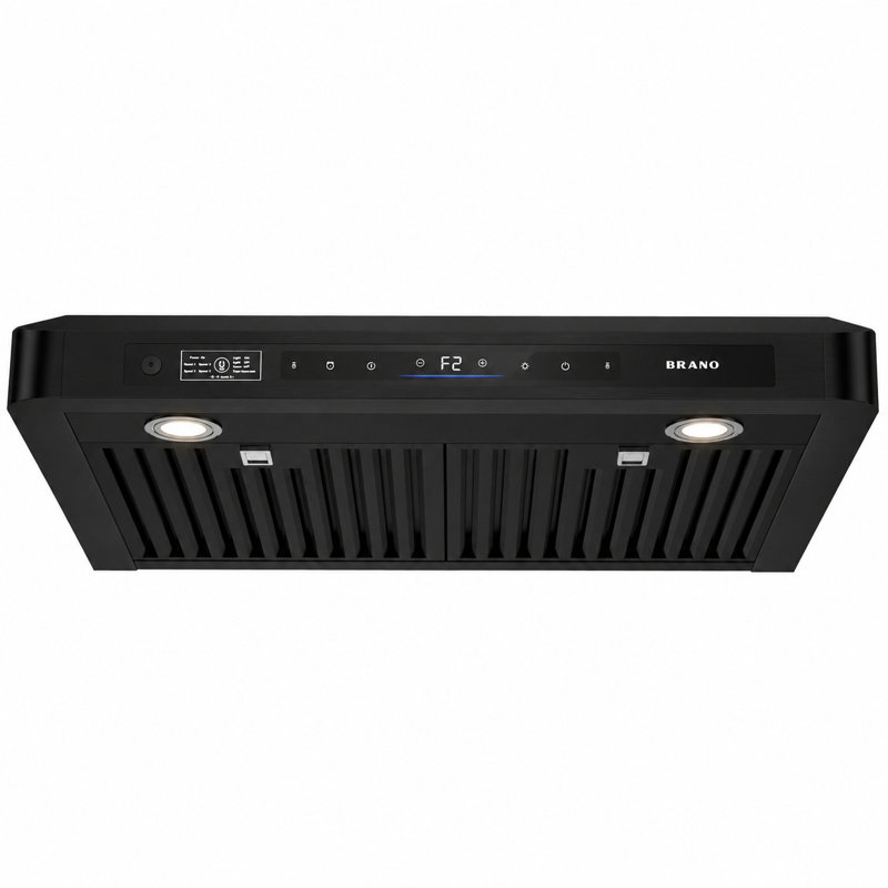 Hotte sous le meuble 36 pouces Brano, hotte de cuisine à conduit voix / geste / tactile 900 cfm avec ventilateur d'extraction à 4 vitesses, mode mémoire, lumières réglables, noir