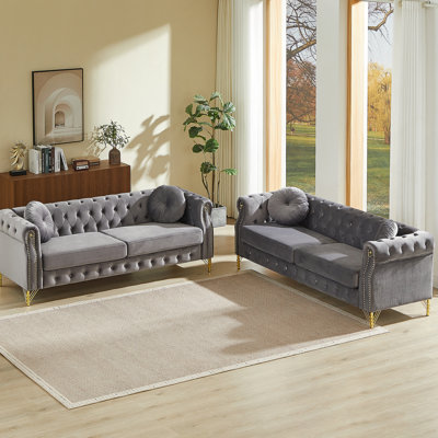 Velvet Chesterfield Sofa With Round Pillows, Copper Studs, Tufted Buttons, Metal Legs & Decorative Loops