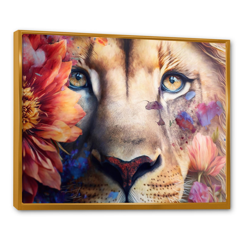 Portrait de lion avec fleurs II - reproduction sur toile, H 16 po x l 32 po x P 1 po, Toile à cadre flottant doré