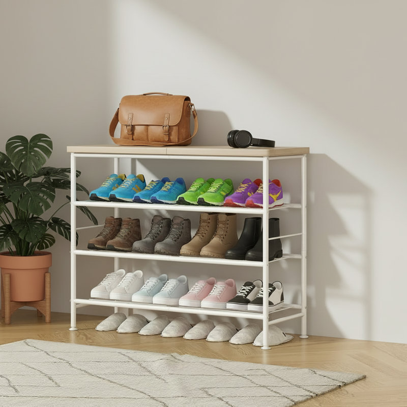 Étagère à chaussures en chêne blanc à quatre niveaux en métal, conception autoportante avec panneau supérieur en panneau de fibres à densité moyenne, étagère de rangement pour vestibule.