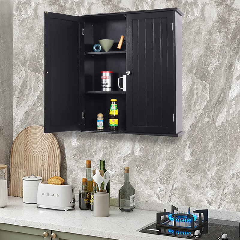 Armoire de rangement murale avec tablette réglable, double porte et 3 niveaux, Noir, noir, noir, noir