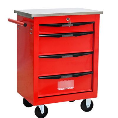 Multifunctional 4 - Drawer Tool Cart With Wheels And Stainless Steel Top, Red & Black, For Workshop Garage Storage, 2 Brakes, One Side Pull Handle, 15Kg Loading Bearing System, Key Locked Drawers