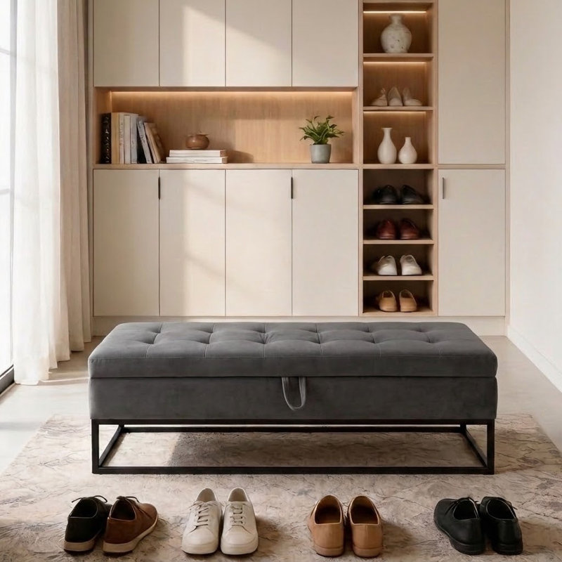 Banc de rangement rembourré en velours avec siège rabattable Modern, Gris