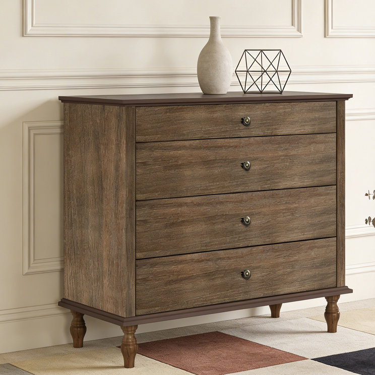 Large 4-Drawer Chest with Solid Wood Foot, Deep Rustic Brown