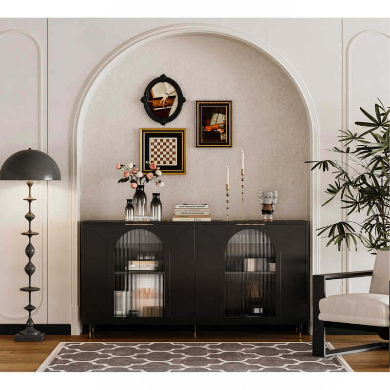 Sideboard Accent Cabinet Black Lacquered Wooden Cabinet With 4 Glass Doors Buffet Server Cabinet Storage Cabinet, For Living Room, Entryway, Hallway, Office, Kitchen And Dining Room