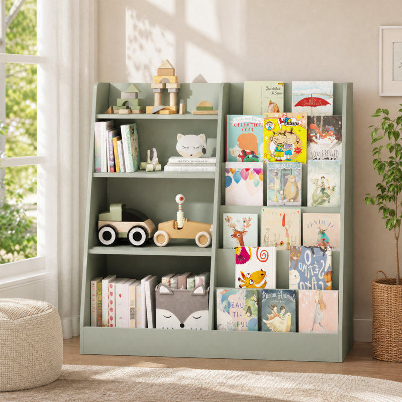 Étagère à livres et rangement pour jouets pour enfants, présentoir à 4 niveaux en MDF, Sauge