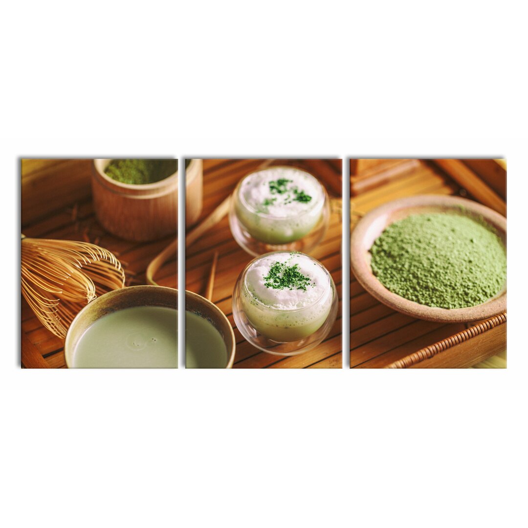 3-tlg. Leinwandbilder-Set Schön dekorierter Matcha Tee