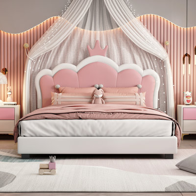 Lit double tapissier double avec tête de lit couronne, lit plateforme double avec tête de lit et pied de lit