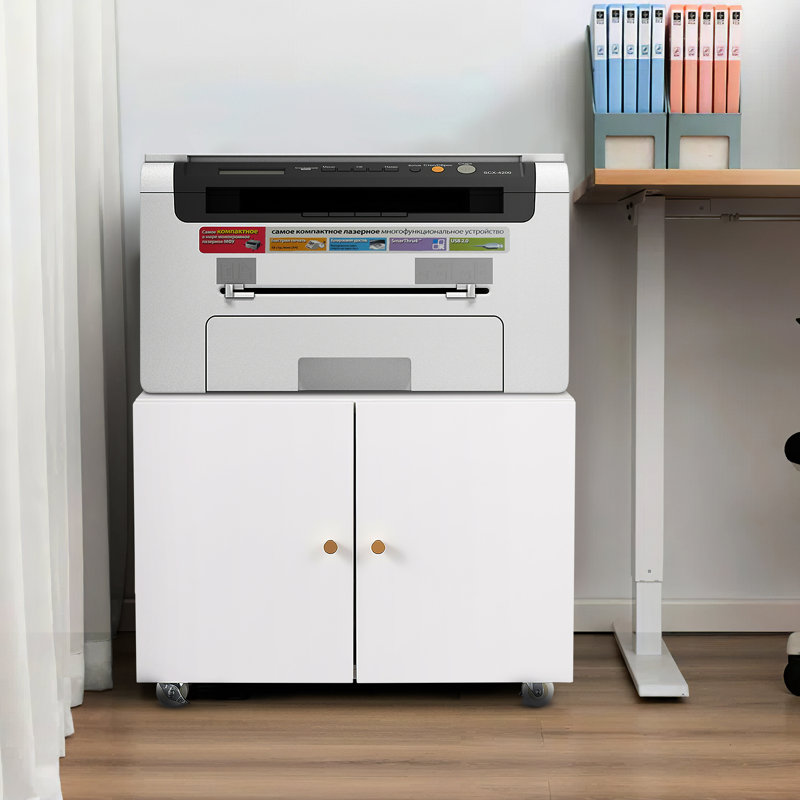 17.7''H 2-door Steel Copier Cabinet Stand With Wheels And Adjustable Divider For Offices And Home, White