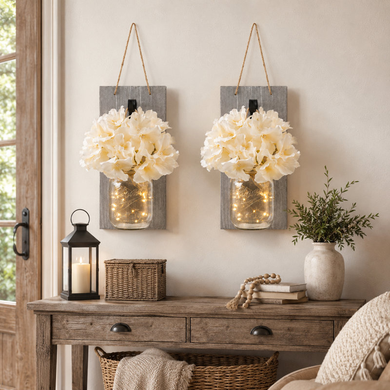 2-Pack Rustic Wall Sconces with Mason Jars, LED Lights, Flowers, Hangers, Grey