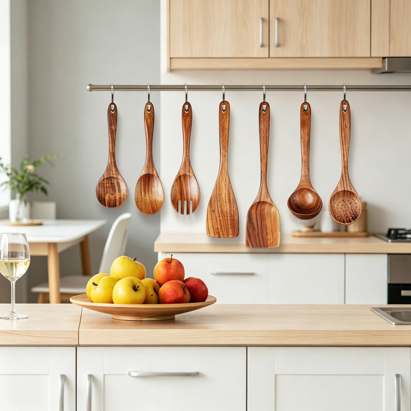 Ensemble 7 pièces d'ustensiles en bois de teck naturel pour la cuisson - cuillères anti-égratignures, spatule et louche pour batterie de cuisine antiadhésive, résistant à la chaleur avec prise confortable, ustensiles de cuisine faciles à nettoyer
