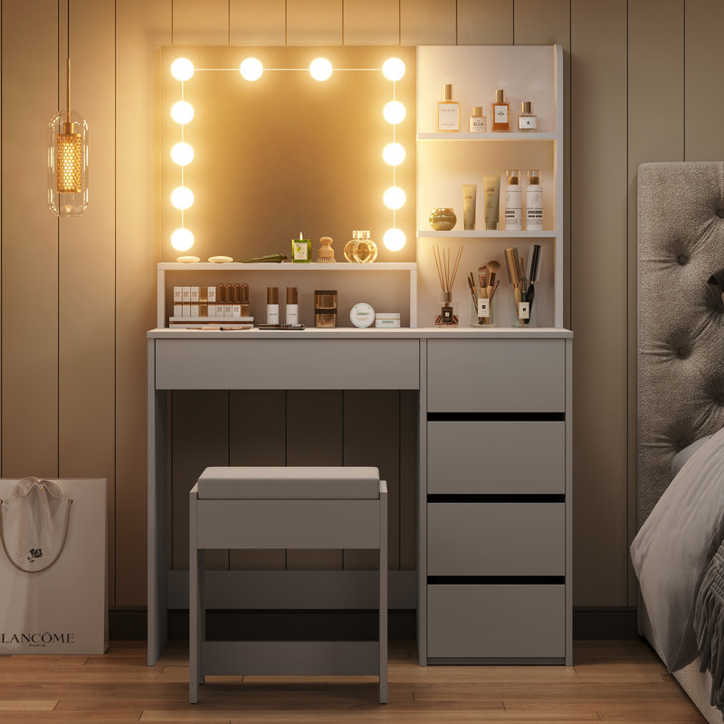 Shylo Makeup Vanity Desk with LED Lighted Mirror & 5 Drawers, Vanity Set with Stool for Bedroom, White