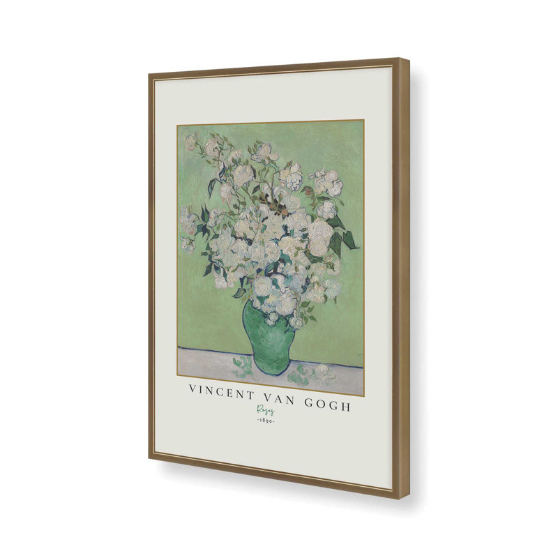 Van Gogh's Roses 1890 Print, 17.25" H x 13.25" W, Framed Print without Mat 1, Brushed Gold
