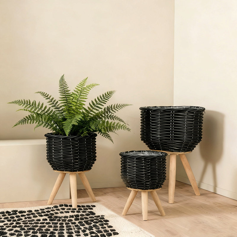 Ensemble de 3 paniers en rotin noir avec texture de corde et pieds fuselés en bois, Noir